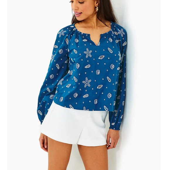 Lilly Pulitzer Maisha Long Sleeve
Eyelet Top Blue Shell Collector Embroider Sz M - Picture 3 of 9